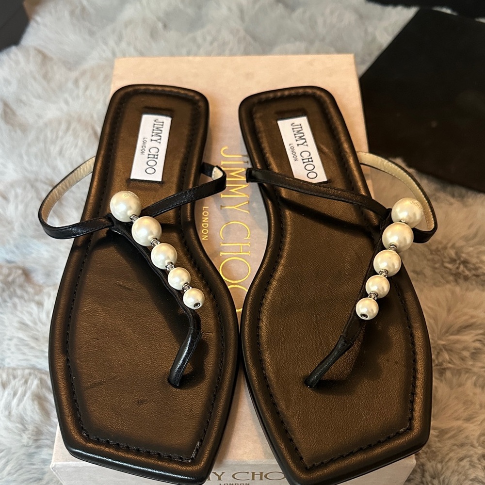 Jimmy Choo Black Leather Thong Sandals with Pearl Accents